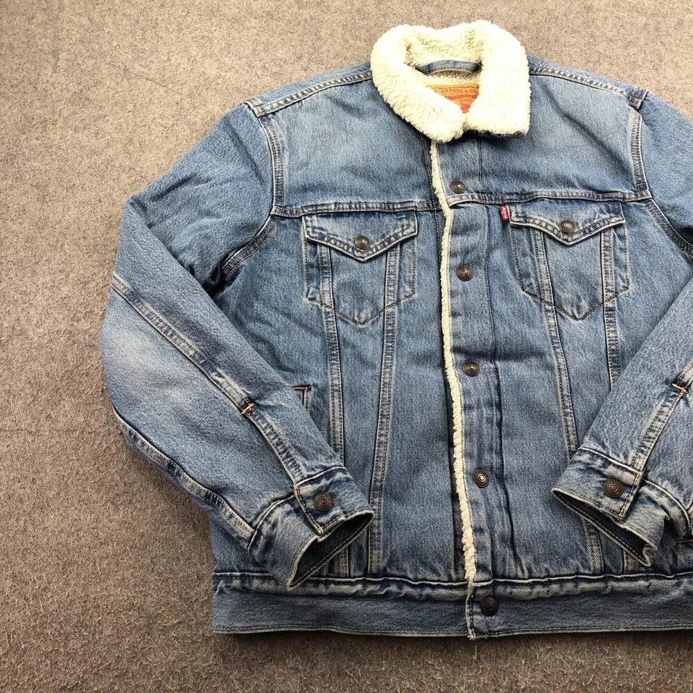 Levi's Jacket Mens Medium Blue Denim Sherpa Lined Trucker Button Winter Coat
